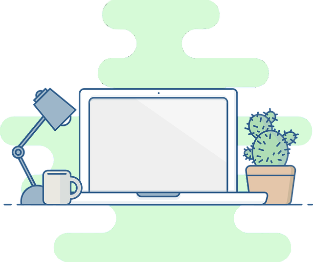 Disegno con un laptop, una lampada e un cactus